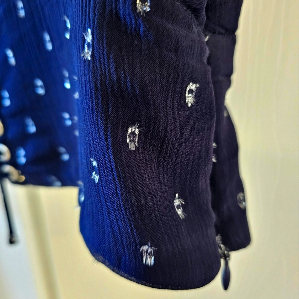 The Kooples Navy Blue Cosmic Dots Sheer lace-up bodice Long-sleeved Top SzM = 6 - Picture 9 of 11